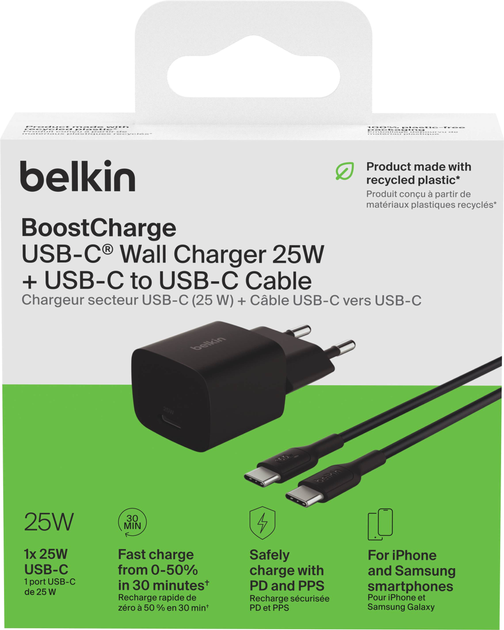 Ładowarka sieciowa Belkin BoostCharge 25W Type-C Wall Charger with Type-C Cable 1m Black (WCA012KQ1MBK-B6) - Zdjęcie 3 Ładowarka sieciowa Belkin BoostCharge 25W Type-C Wall Charger with Type-C Cable 1m Black (WCA012KQ1MBK-B6) - obraz 3