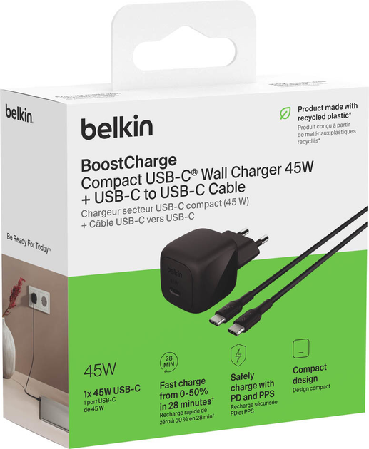 Ładowarka sieciowa Belkin BoostCharge 45W + Type-C to Type-C Cable Black (WCA012KQ1MWH-B6) - Zdjęcie 2 Ładowarka sieciowa Belkin BoostCharge 45W + Type-C to Type-C Cable Black (WCA012KQ1MWH-B6) - obraz 2