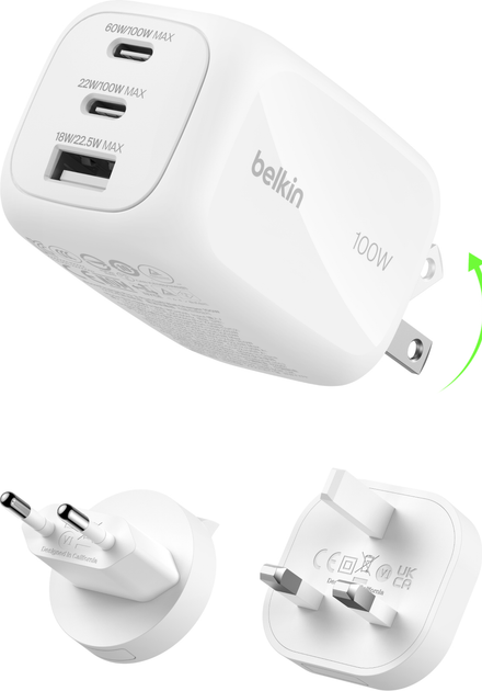 Ładowarka sieciowa Belkin 3-Port GaN Wall Charger 100W + Travel Adapter Kit White (WCH016HQWH) - obraz 2