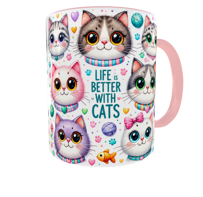 Чашка з принтом «Life Is Better with Cats» («Життя краще з котами») 330 мл, рожева ручка - зображення 3