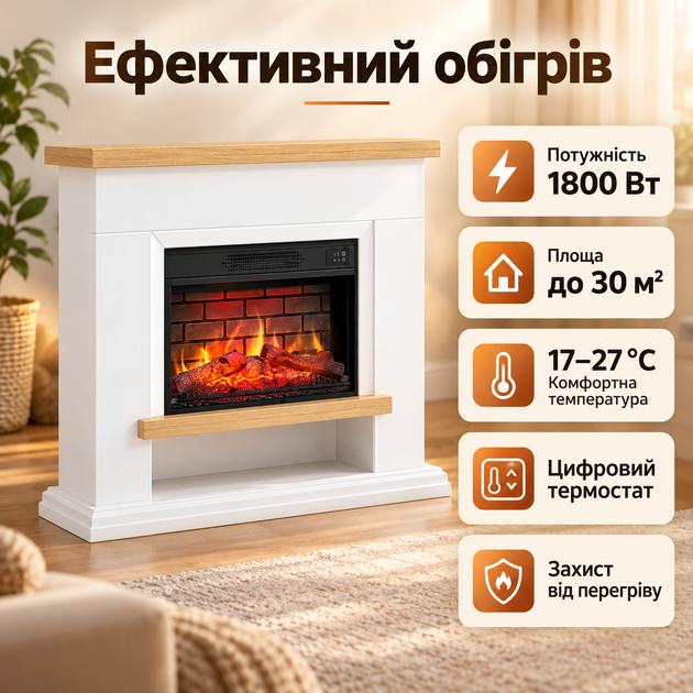 Електрокамін ArtiFlame з обігрівом 114 см 1800 Вт, Електрокамін із ефектом живого полум'я для дому до 30 м², електричний камін з звуком дров - зображення 2