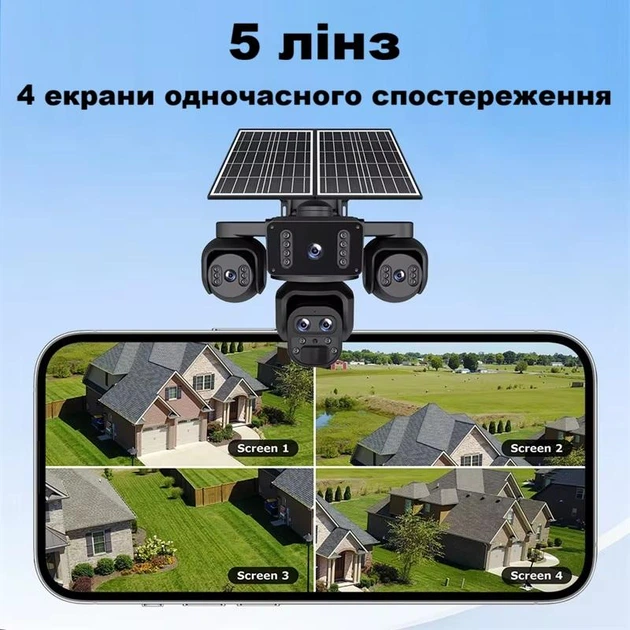 Уличная 4G камера SHIWOJA K325 20Мп с 5 объективами 2 солнечных панели зарядки акумулятор 20100мАч PIR датчик движения - изображение 2