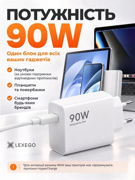 Комплект швидка зарядка LEXEGO 90W блок живлення USB-A з кабелем USB Type-C для Xiaomi Samsung Huawei ксяомі самсунга зарядний пристрій зі шнуром для телефона планшета ноутбука HyperCharge Turbo Charge Quick Charge білий (XMK-90W) - зображення 2