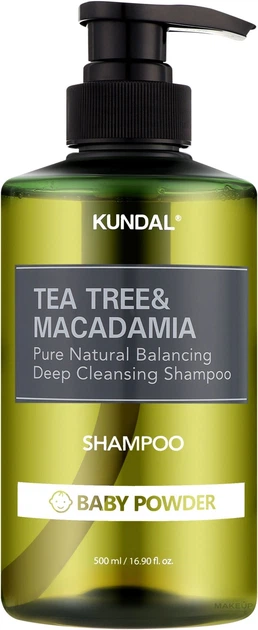 Натуральний шампунь проти лупи з ароматом дитячої присипки KUNDAL Tea Tree & Macadamia Deep Cleansing Shampoo Baby Powder 500 мл - Фото 1 Натуральний шампунь проти лупи з ароматом дитячої присипки KUNDAL Tea Tree & Macadamia Deep Cleansing Shampoo Baby Powder 500 мл - зображення 1