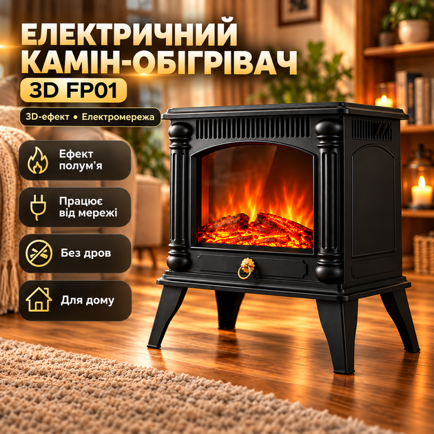 Обігрівач інфрачервоний електрокамін 3D полум'я для дому підлоговий до 30 м2 декоративні колони ніжки чорний - зображення 2