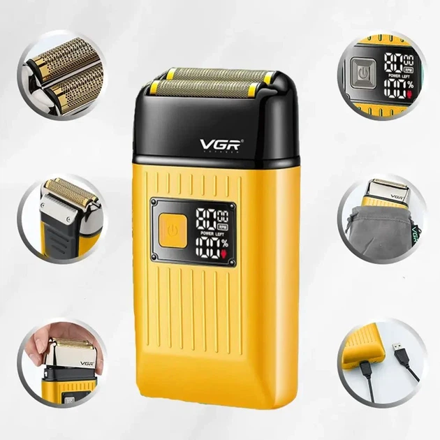 Электробритва шейвер VGR V-357 с USB и LED дисплеем, Желтая / Аккумуляторная беспроводная мужская бритва - изображение 2