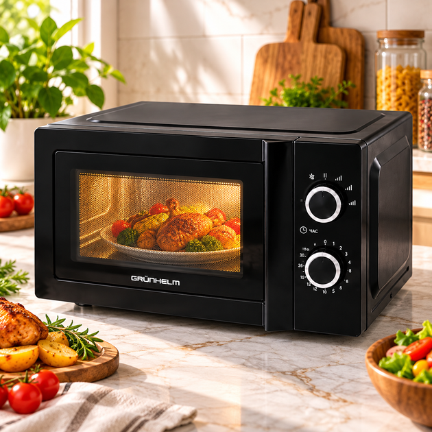 Микроволновая печь GRUNHELM 20MX711-W 20 л 700 Вт с механическим управлением, 6 уровнями мощности и функцией размораживания - изображение 2