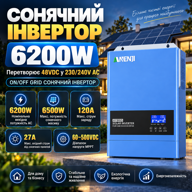 Гібридний інвертор Anenji 6.2 кВт kw (6200w) 48V, чиста синусоїда MPPT 120А, Wi-Fi з підтримкою LiFePO4 та BMS - Фото 1 Гібридний інвертор Anenji 6.2 кВт kw (6200w) 48V, чиста синусоїда MPPT 120А, Wi-Fi з підтримкою LiFePO4 та BMS - зображення 1