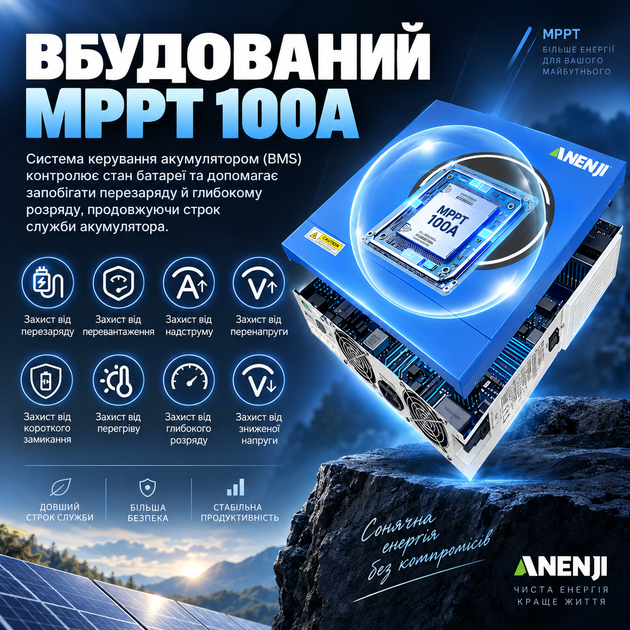 Гибридный солнечный инвертор on-grid Anenji 5 кВт (5000w) 48V, чистая синусоида, MPPT 100А, Wi-Fi, ИБП, с поддержкой LiFePO4 и BMS - изображение 4