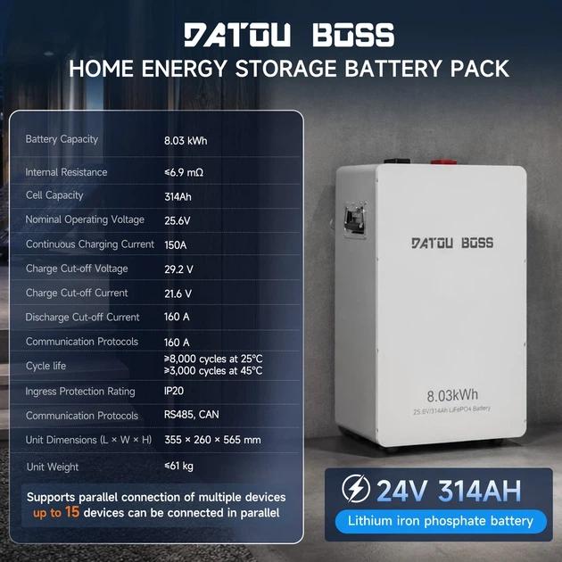 Акумулятор LiFePO4 DATOU BOSS 24V (25.6V) 314Ah (8.03 кВт·год) для інверторів, сонячних систем та ДБЖ, Smart BMS 150A, Bluetooth, CAN/RS485 - зображення 2