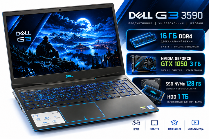 Ноутбук Dell G3 3590 Core i5-9300H GTX 1050 3GB 16GB DDR4 SSD NVMe 128GB+HDD 1TB 15,6" Full HD Чорний Б/У - Фото 1 Ноутбук Dell G3 3590 Core i5-9300H GTX 1050 3GB 16GB DDR4 SSD NVMe 128GB+HDD 1TB 15,6" Full HD Чорний Б/У - зображення 1
