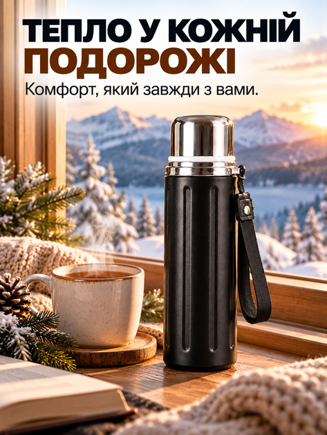 Термос для чая и кофе 800 мл из нержавеющей стали с крышкой-чашкой и ремешком для переноски, черный - Фото 9 Термос для чая и кофе 800 мл из нержавеющей стали с крышкой-чашкой и ремешком для переноски, черный - изображение 9