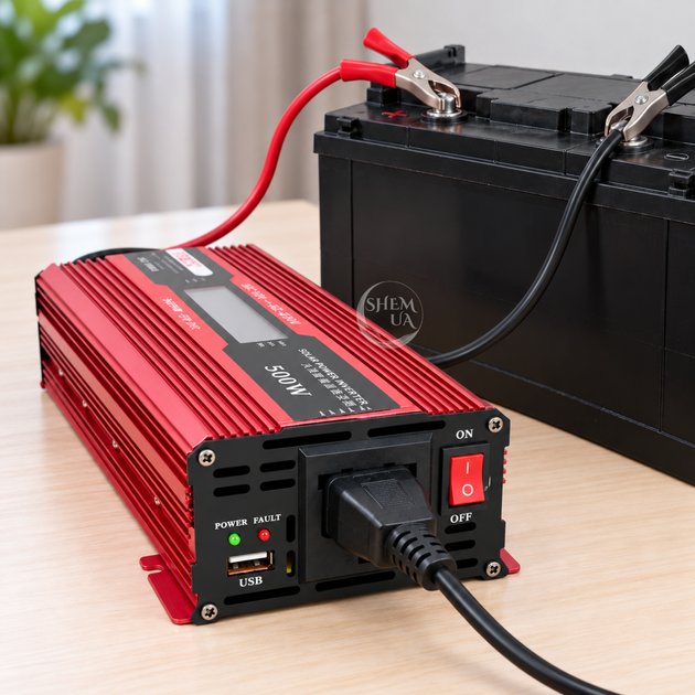Преобразователь напряжения инвертор 12В-220В UKC 500W с дисплеем, кабелем для прикуривателя и USB, для резервного питания техники от АКБ 12В, реальная номинальная мощность 300Вт, пиковая 600Вт, KC-500D - изображение 2