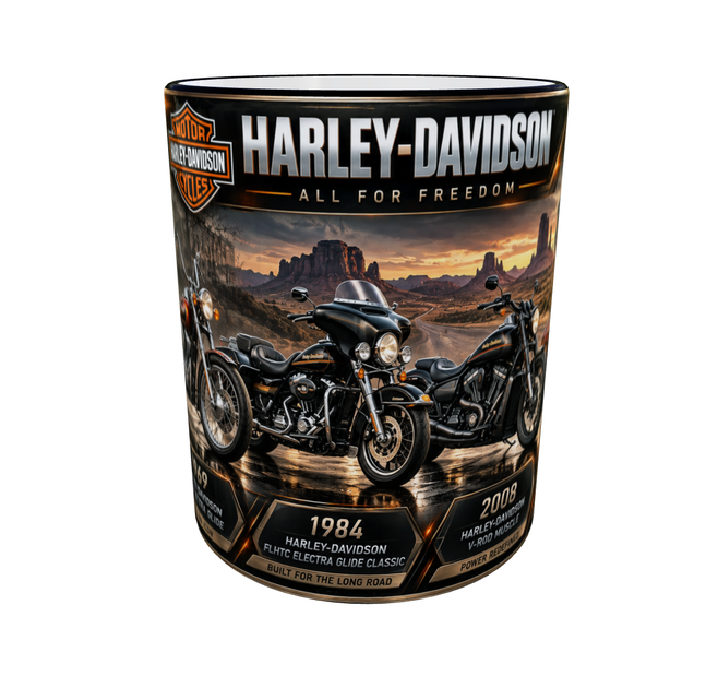 Кружка с принтом мотоциклов Harley-Davidson, серия Moto Legends, 330 мл, чёрная ручка - изображение 3