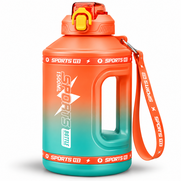 Еко-пляшка для води SPORTS BOTTLE 1500 мл — велика багаторазова спортивна пляшка з вбудованою ручкою, помаранчевий градієнт - Фото 1 Еко-пляшка для води SPORTS BOTTLE 1500 мл — велика багаторазова спортивна пляшка з вбудованою ручкою, помаранчевий градієнт - зображення 1