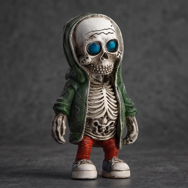 Декоративная фигурка Скелет в зеленой кофте 7 см пластиковая ретро статуэтка для интерьера, сувенир и подарок - изображение 3