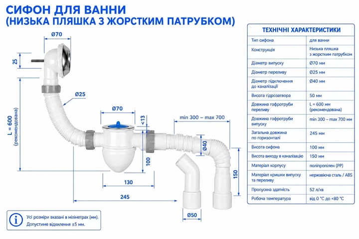 В1015 ванна низька пляшка 1 1/2, перелив, гофротруба 40*40/50 + патрубок 135º {35} - изображение 4