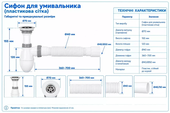 U1011 умивальник 1 1/4*32, різьб. випуск з пласт. сіткою, гофротруба 40*40/50 {45} - изображение 4