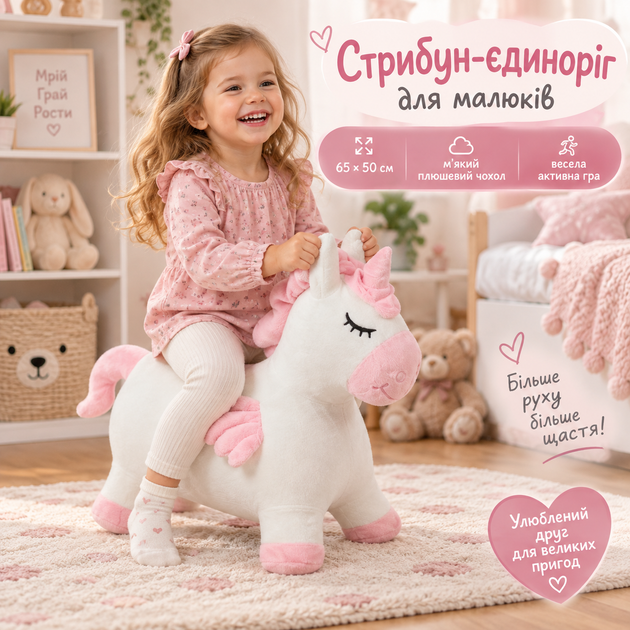 Гумовий стрибун єдиноріг для дітей 65 см іграшка стрибун для малюків у знімному плюшевому чохлі, іграшка-тренажер C 78012 - Фото 3 Гумовий стрибун єдиноріг для дітей 65 см іграшка стрибун для малюків у знімному плюшевому чохлі, іграшка-тренажер C 78012 - зображення 3