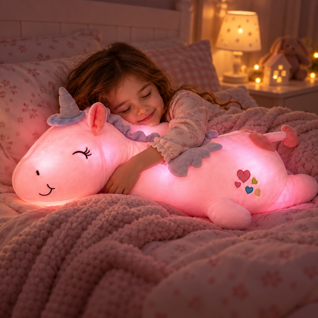 Мягкая игрушка светящийся единорог 60 см подушка обнимашка единорог с LED подсветкой, большой плюшевый единорог розовый - Фото 1 Мягкая игрушка светящийся единорог 60 см подушка обнимашка единорог с LED подсветкой, большой плюшевый единорог розовый - изображение 1