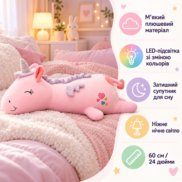 Мягкая игрушка светящийся единорог 60 см подушка обнимашка единорог с LED подсветкой, большой плюшевый единорог розовый - Фото 3 Мягкая игрушка светящийся единорог 60 см подушка обнимашка единорог с LED подсветкой, большой плюшевый единорог розовый - изображение 3