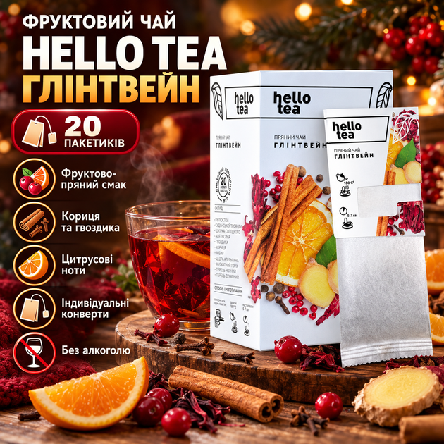 Чай фруктовий Hello Tea Глінтвейн 20 пакетиків пряний зігріваючий безалкогольний з корицею гвоздикою апельсиновою цедрою ягодами в індивідуальних конвертах - Фото 1 Чай фруктовий Hello Tea Глінтвейн 20 пакетиків пряний зігріваючий безалкогольний з корицею гвоздикою апельсиновою цедрою ягодами в індивідуальних конвертах - зображення 1
