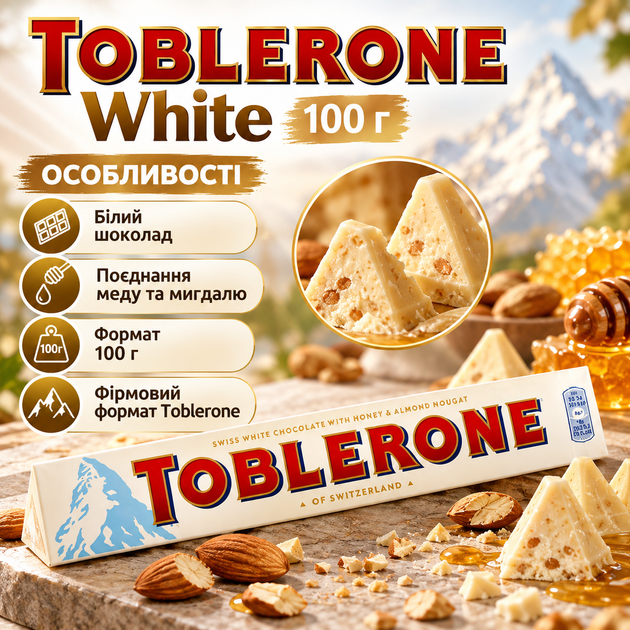 Шоколад білий Toblerone White 100 г з медом мигдалем солодощі плитка швейцарська - Фото 2 Шоколад білий Toblerone White 100 г з медом мигдалем солодощі плитка швейцарська - зображення 2