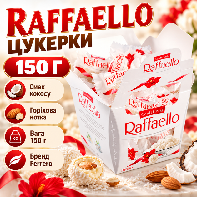 Цукерки Raffaello Ferrero 150 г кокосові з горіховим смаком солодощі десерт італійські - Фото 1 Цукерки Raffaello Ferrero 150 г кокосові з горіховим смаком солодощі десерт італійські - зображення 1