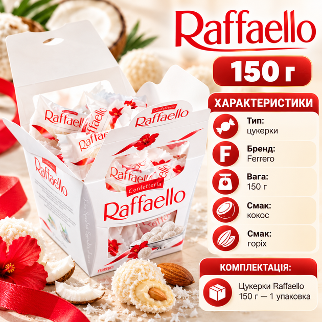 Цукерки Raffaello Ferrero 150 г кокосові з горіховим смаком солодощі десерт італійські - Фото 3 Цукерки Raffaello Ferrero 150 г кокосові з горіховим смаком солодощі десерт італійські - зображення 3