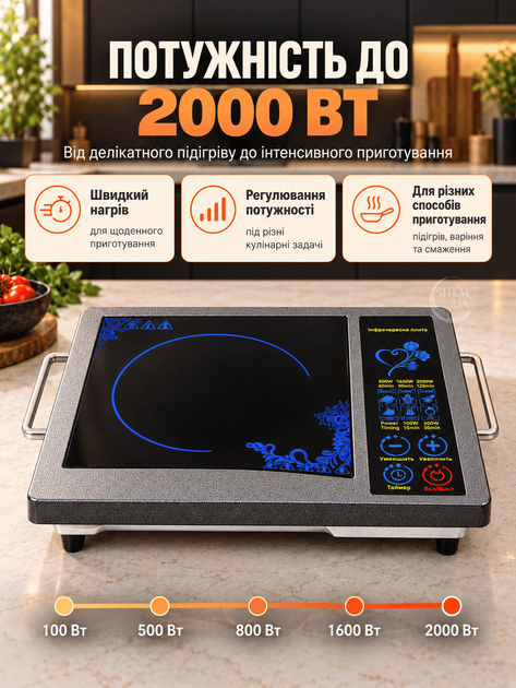 Плита електрична інфрачервона одноконфоркова Domotec 2000Вт, склокерамічна електроплитка з таймером і захистом від перегріву, настільна компактна плита для кухні, дачі, дому Чорна, MS-5842 - зображення 8