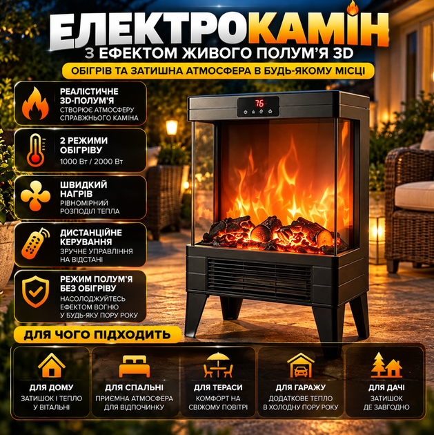 Електричний нагрівач-камін з ефектом живого полум'я 3D RS200 Flame Heater Електрокамін підлоговий - зображення 3