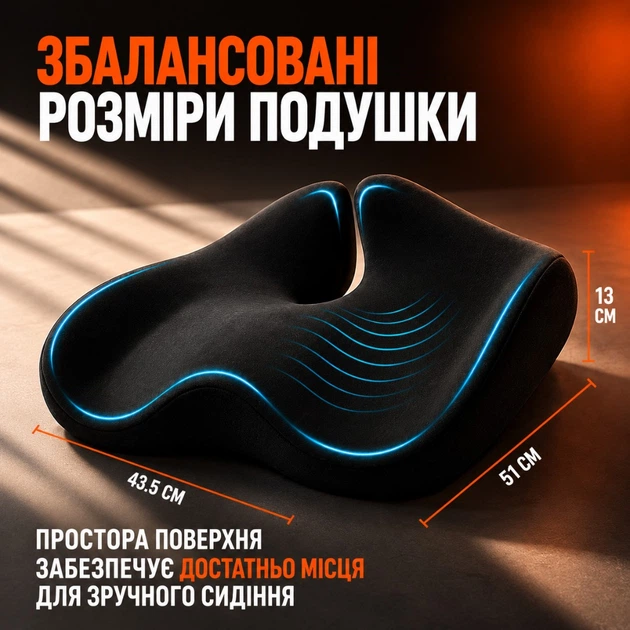 Ортопедическая подушка на кресло для сидения 51х46×13 см для копчика и спины в авто на водительское кресло в машину офиса анатомическая эргономичная автомобильная сидушка под попу на стул офисное кресло с эффектом памяти Чорний 1SIZE (999669) - изображение 3