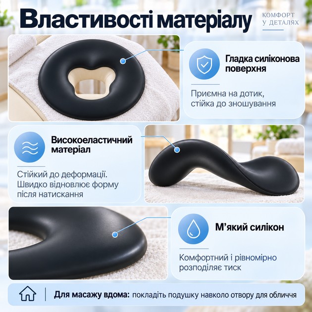 Силиконовая подушка для лица Kadik для массажного стола, анатомическая накладка на люверс, 26 × 26 см, чёрная - изображение 5