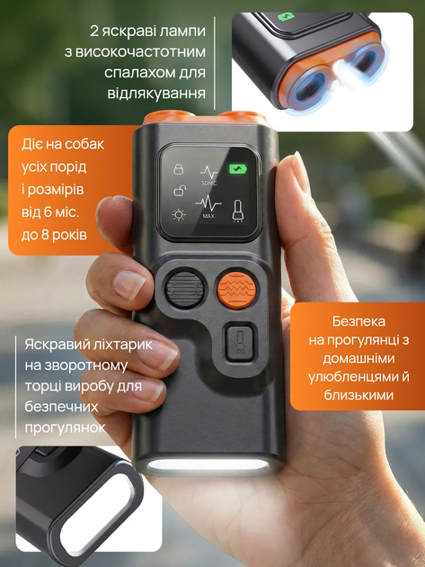 Відлякувач собак + ліхтарик ультразвуковий з двома випромінювачуми 800 mAh Type-C, 20 м - зображення 6