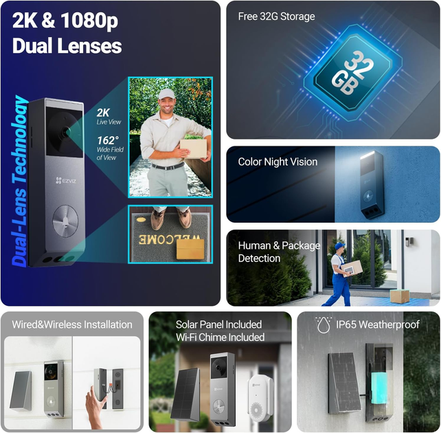 Відеодзвінок EZVIZ EP3x Pro з 2 камерами 2K/1080p, сонячною панеллю, Wi-Fi, детекцією людей і посилок, пам'ять 32 ГБ, CH1 - Фото 2 Відеодзвінок EZVIZ EP3x Pro з 2 камерами 2K/1080p, сонячною панеллю, Wi-Fi, детекцією людей і посилок, пам'ять 32 ГБ, CH1 - зображення 2