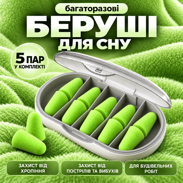 Беруши для сна многоразовые беруши с кейсом защита от храпа выстрелов взрывов беруши для строительных работ (PA-PAK1GREEN) - Фото 2 Беруши для сна многоразовые беруши с кейсом защита от храпа выстрелов взрывов беруши для строительных работ (PA-PAK1GREEN) - изображение 2