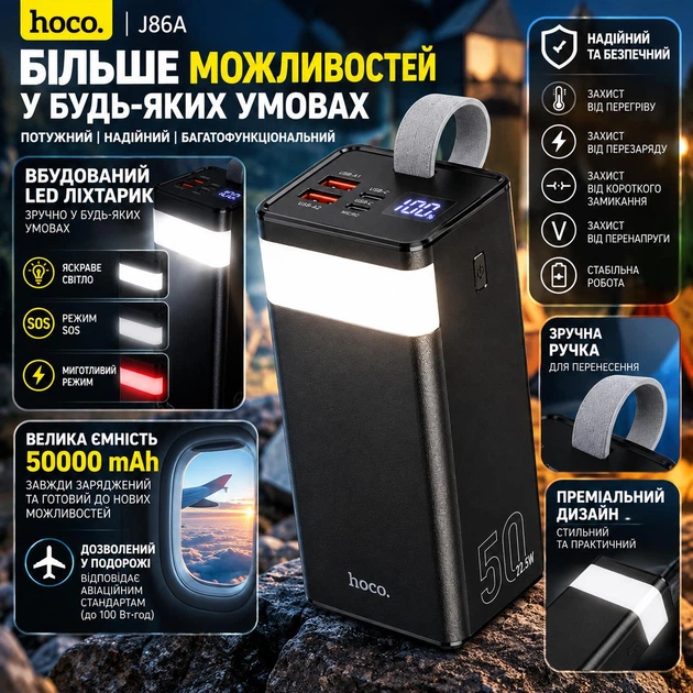 Внешний аккумулятор повербанк (powerbank) HOCO J86A 50000 mAh, Type-C c быстрой зарядкой 22.5W, черный - изображение 3