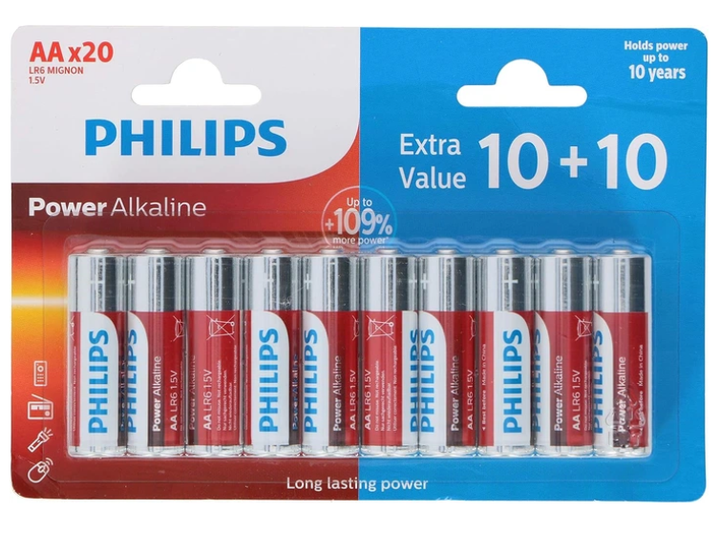Батарейки Philips Power Alkaline LR6 AA 1.5V 20 шт - Фото 1 Батарейки Philips Power Alkaline LR6 AA 1.5V 20 шт - изображение 1