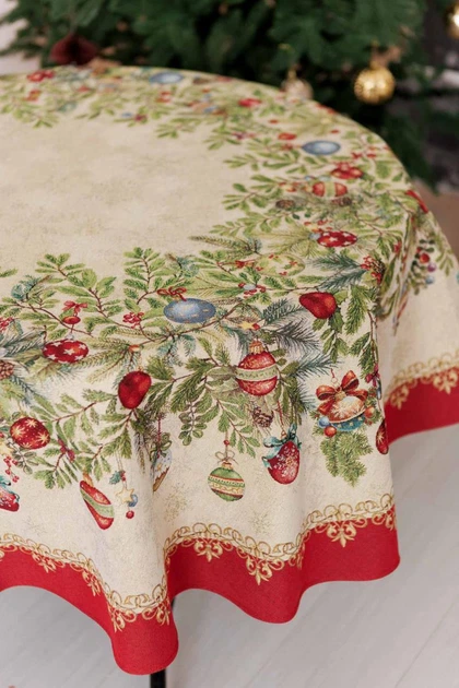Круглая новогодняя скатерть РОЖДЕСТВЕНСКИЕ ИГРУШКИ, D160см ПРОВАНС 047047 - изображение 4