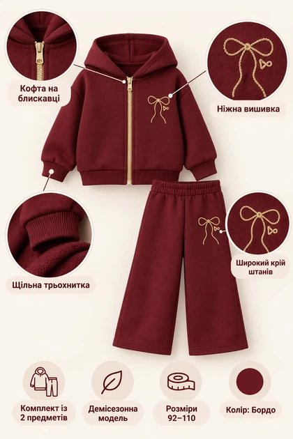 Костюм-двійка теплий «Golden Bow» бордовий 110 см - Фото 3 Костюм-двійка теплий «Golden Bow» бордовий 110 см - изображение 3