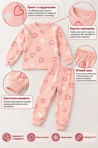 Піжама тепла Pink Hearts — байка абрикосовий 98 см - изображение 3