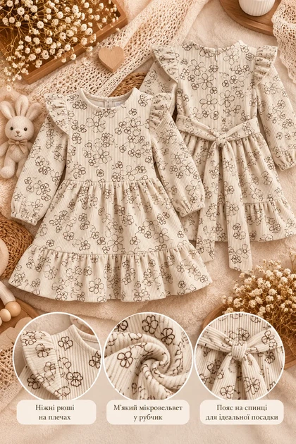 Сукня вельветова Little Bloom Беж квіти 98 см - Фото 3 Сукня вельветова Little Bloom Беж квіти 98 см - изображение 3