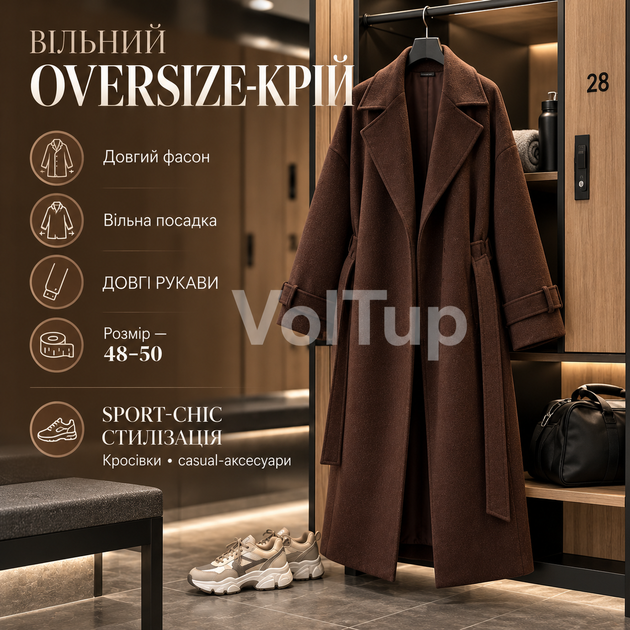 Женское кашемировое пальто oversize 48–50 шоколадного цвета, длинное на подкладке с отложным воротником и поясом - Фото 2 Женское кашемировое пальто oversize 48–50 шоколадного цвета, длинное на подкладке с отложным воротником и поясом - изображение 2