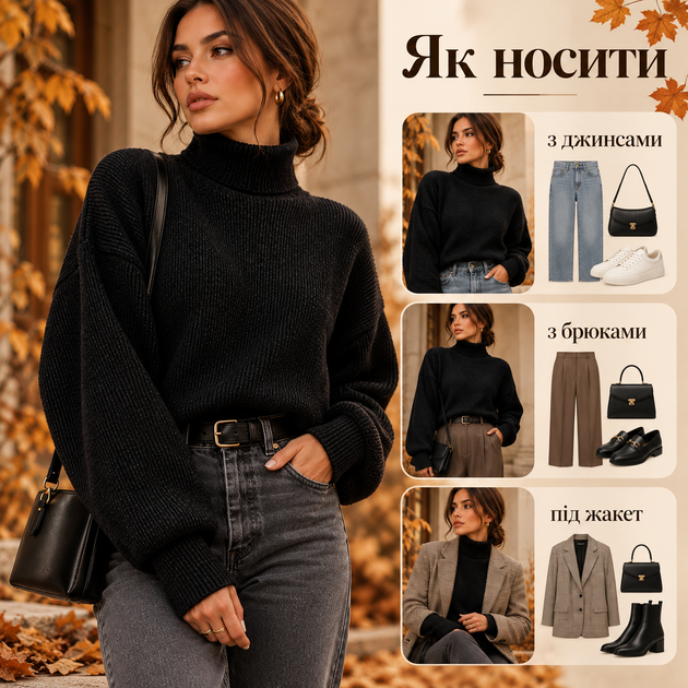 Жіноча кофта з високим коміром 52–54 чорна з утепленої ангори смужка з широкими манжетами та вільним кроєм - зображення 5