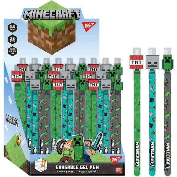 Ручка гелева YES пиши-стирай Minecraft 0,5 мм, синя 420378 - Фото 1 Ручка гелева YES пиши-стирай Minecraft 0,5 мм, синя 420378 - изображение 1