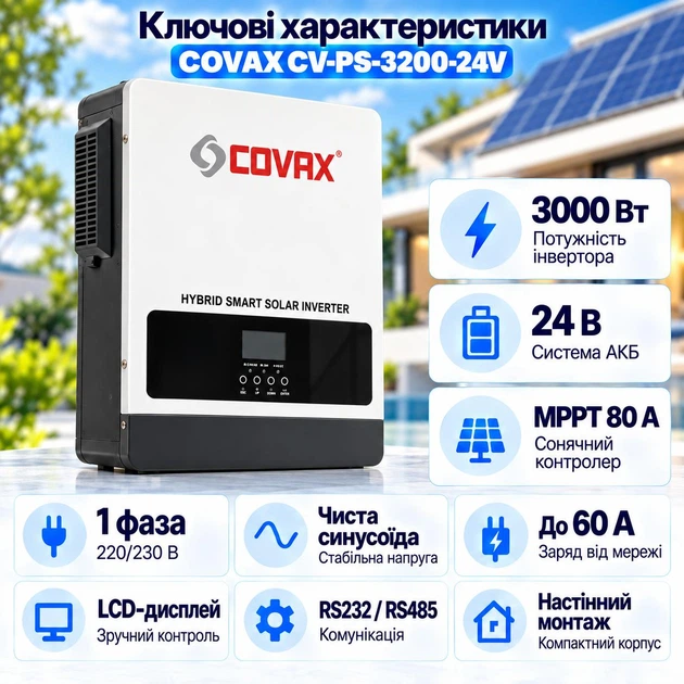 Гибридный инвертор 3000 Вт / 24 В / 60 А / COVAX CV-PS-3200-24V солнечный с чистой синусоидой - изображение 2