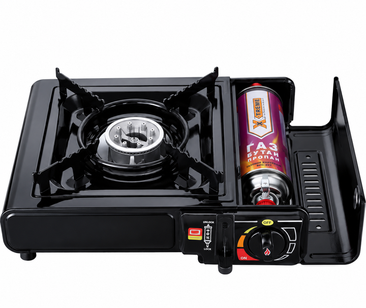 Портативна газова плита Happy home для приготування їжі з 4 газовими балонами X-Treme 220 г для дому дачі кемпінгу при блекаутах туристичний комплект Чорний - зображення 2