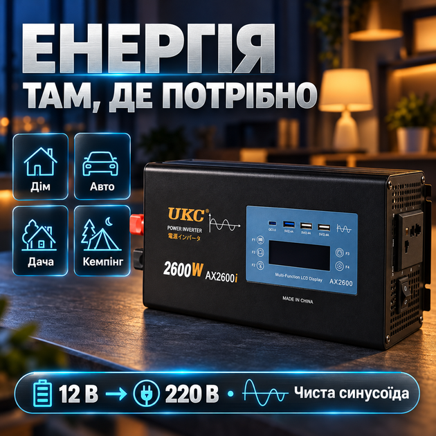Інвертор атомобільний перетворювач напруги з USB виходом, LCD дисплеєм, захистом від короткого замикання 2600 Вт 12V–220V з чистою синусоїдою 3×USB та Type-C - зображення 10