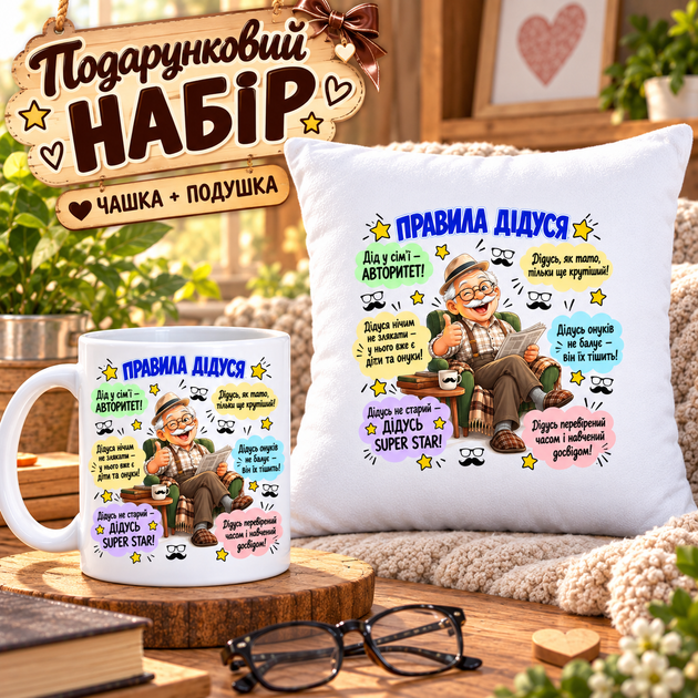 Подарочный набор для дедушки на день рождения — чашка 330 мл и плюшевая подушка 35×35 см «Правила дедушки» - Фото 1 Подарочный набор для дедушки на день рождения — чашка 330 мл и плюшевая подушка 35×35 см «Правила дедушки» - изображение 1