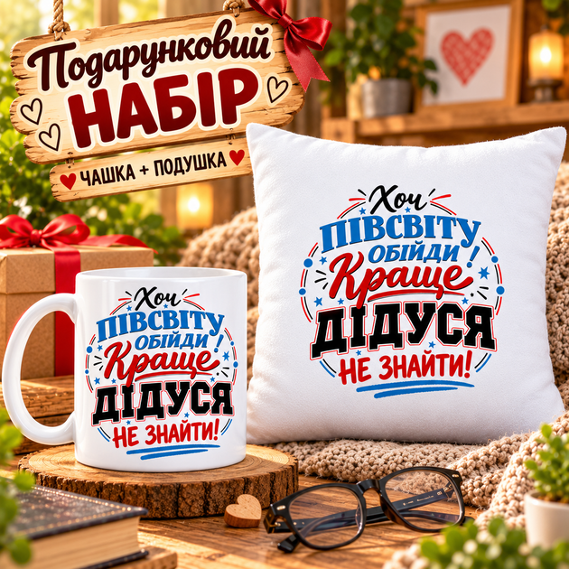Подарочный набор для дедушки «Хоть полсвета обойди — лучше дедушки не найти!» — чашка 330 мл и подушка 35×35 см - Фото 1 Подарочный набор для дедушки «Хоть полсвета обойди — лучше дедушки не найти!» — чашка 330 мл и подушка 35×35 см - изображение 1